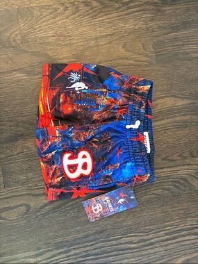 Red & Blue Graphic Athletic Shorts with Number Patch